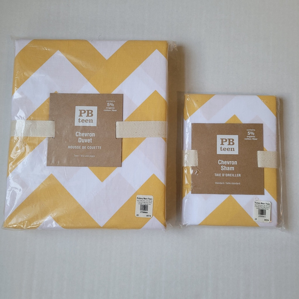 NEW POTTERY BARN TEEN white & yellow TWIN DUVET COVER & STANDARD SHAM.